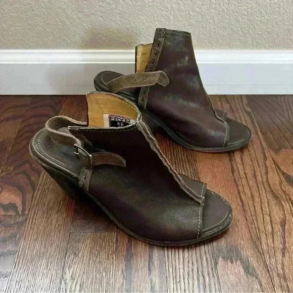 Frye Izzy Artisan Peep Toe Mule Booties Wm Sz 9 B Brown Leather Slingback Sandal - Picture 16 of 16